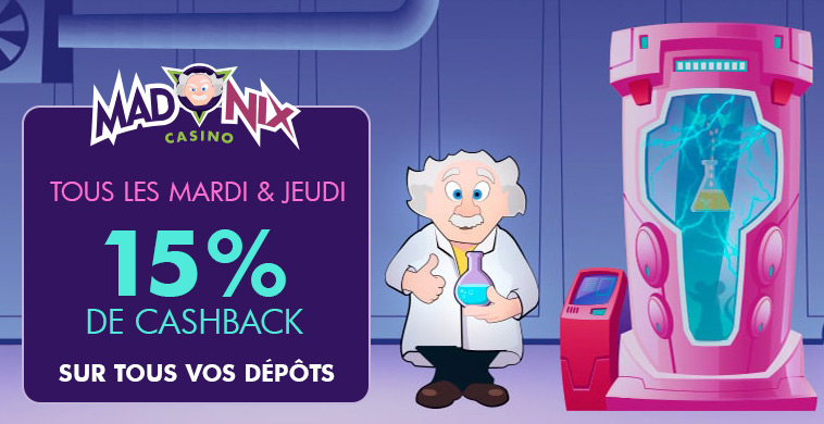 15% de CashBack en bonus sur le casino Madnix !