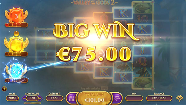 Big Win : Gros gains possibles sur la machine à sous mobile Valley of the Gods 2 !
