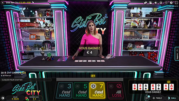 Déroulement d'une partie de Side Bet City, le jeu de poker en ligne Live d'Evolution Gaming