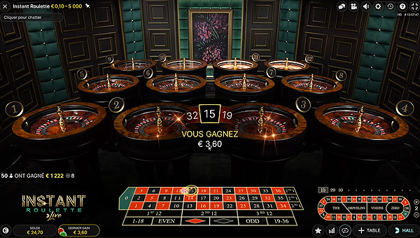 Gagner de l'argent en ligne sur le jeu de casino live Instant Roulette